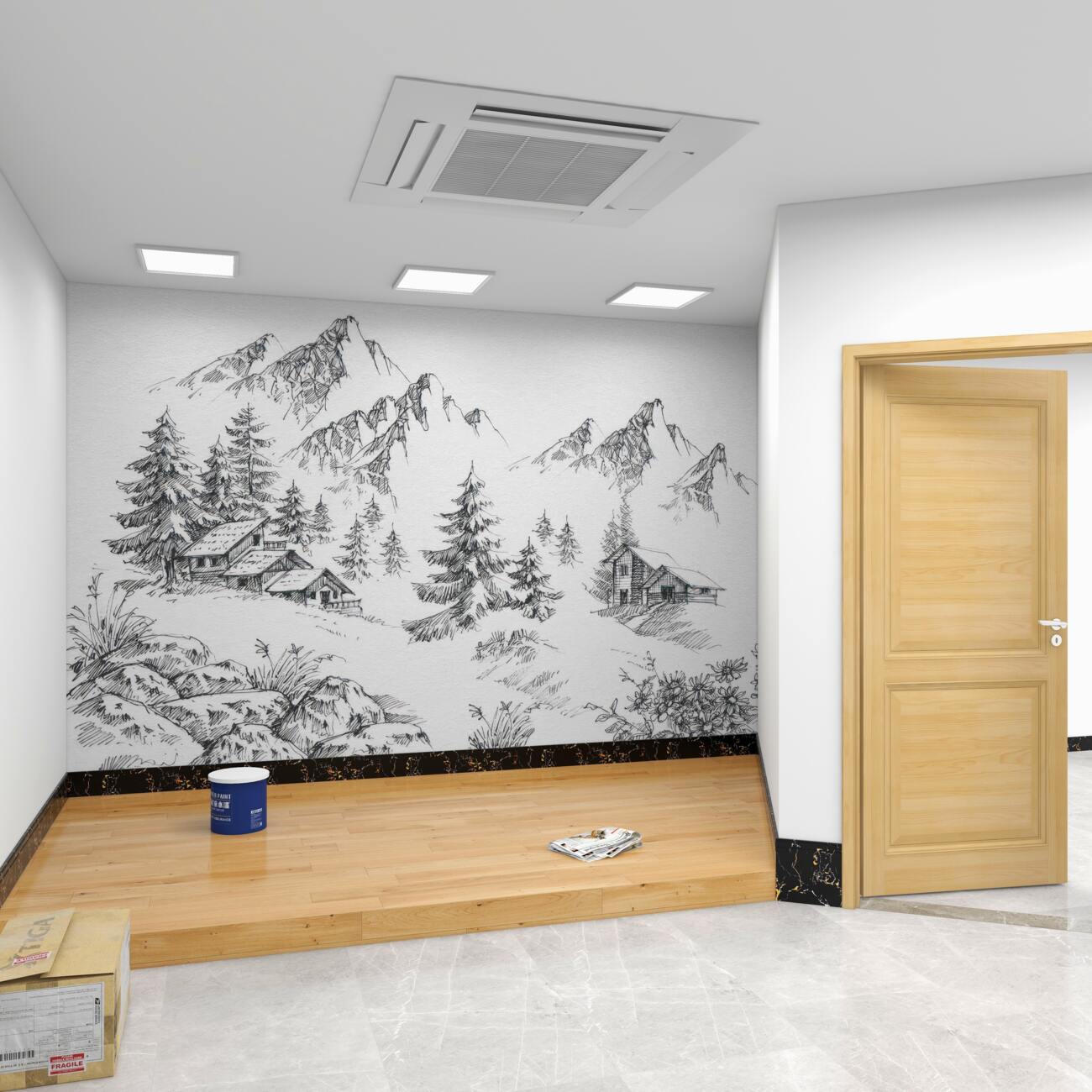 Fototapeta Ilustracja wioski w górach czarnych białych
