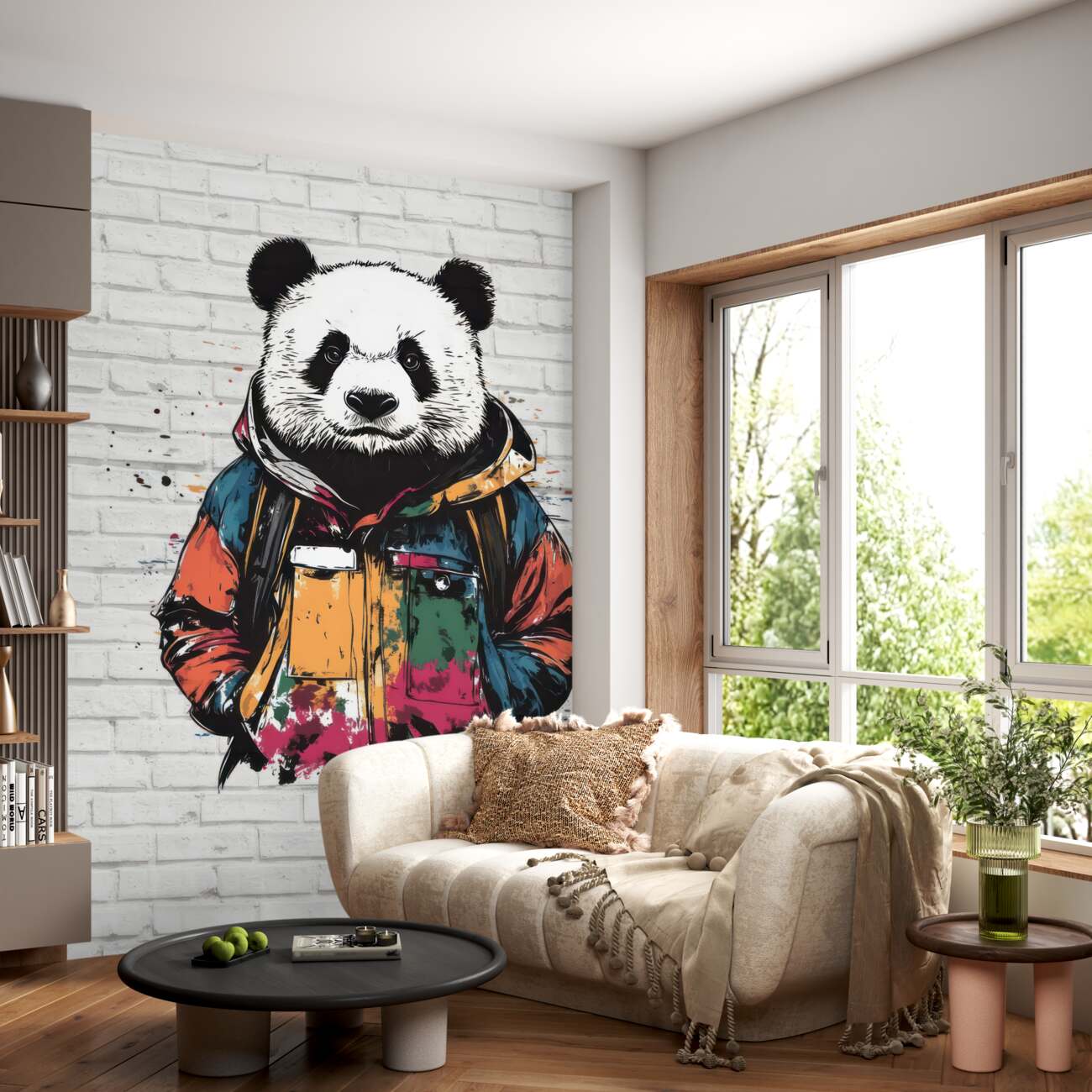 Fototapeta Stylowa panda na tle ceglanej ściany