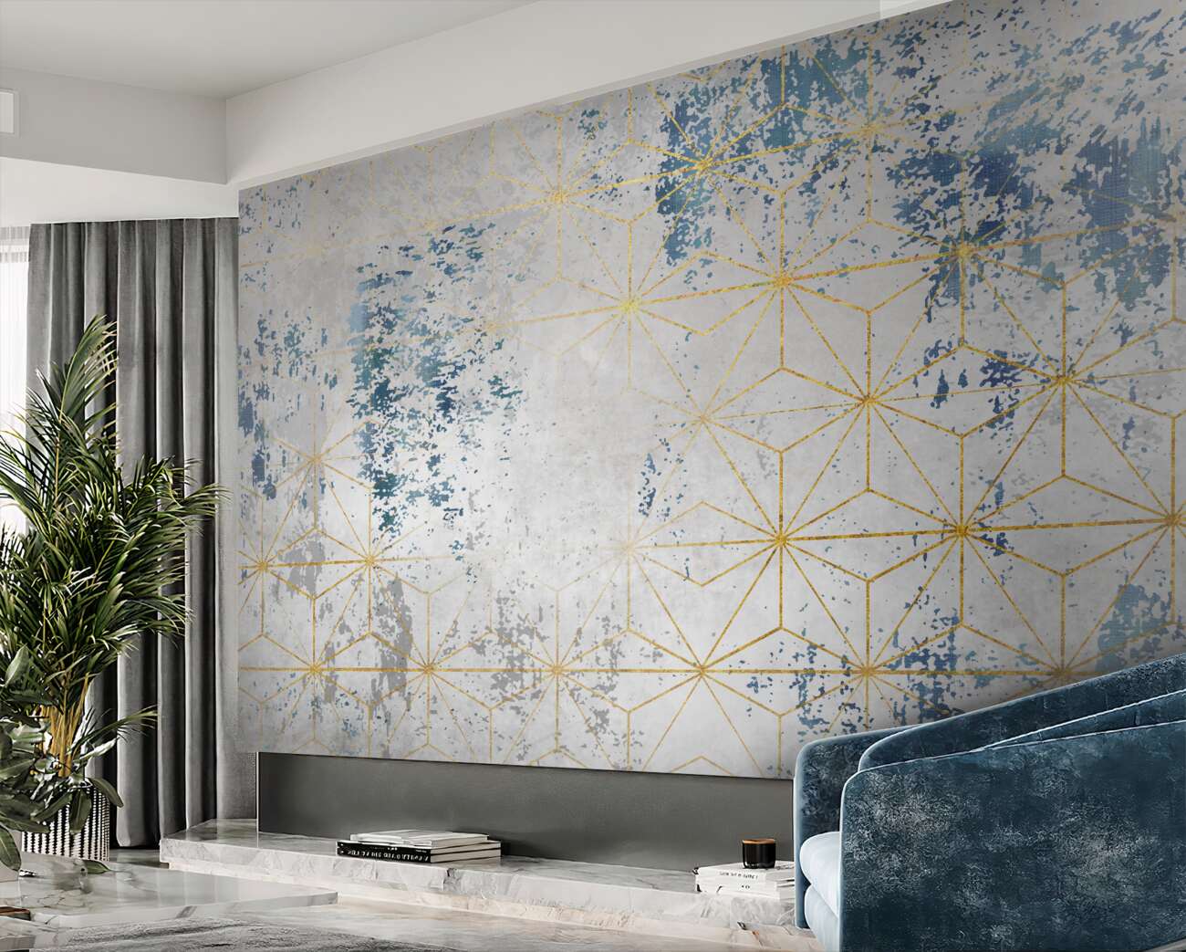 Fototapeta Złota sekcja i niebieska farba na marmurze