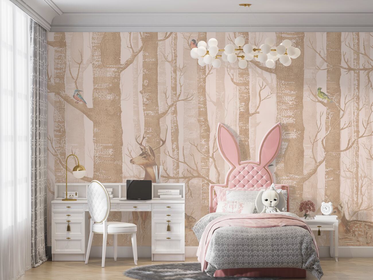 Fototapeta Dwa jelenie, dwa króliki i ptaki w lesie