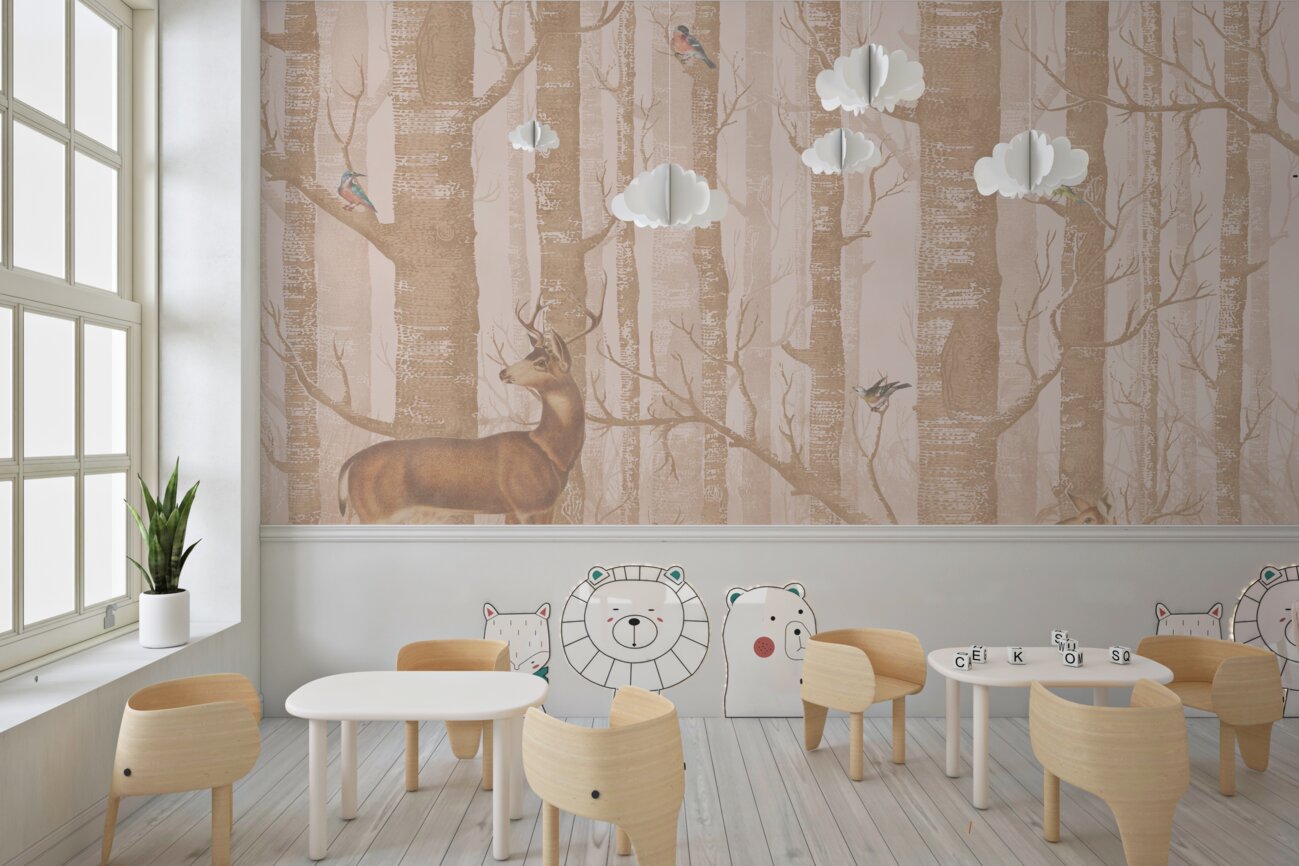 Fototapeta Dwa jelenie, dwa króliki i ptaki w lesie