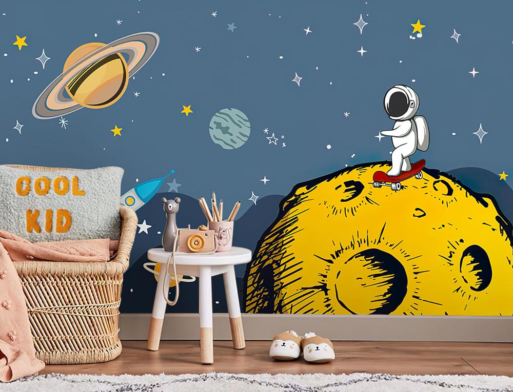 Fototapeta astronauta skateboard żółta planeta gwiazdy