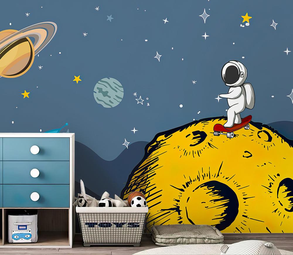 Fototapeta astronauta skateboard żółta planeta gwiazdy