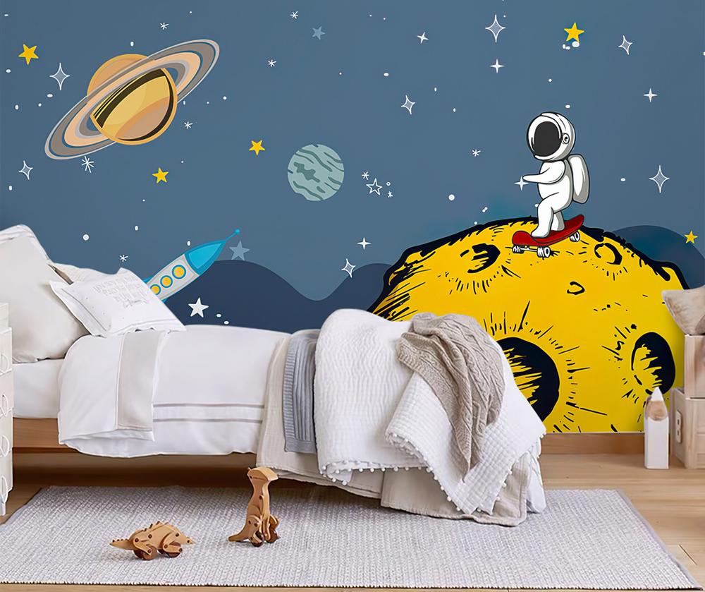 Fototapeta astronauta skateboard żółta planeta gwiazdy