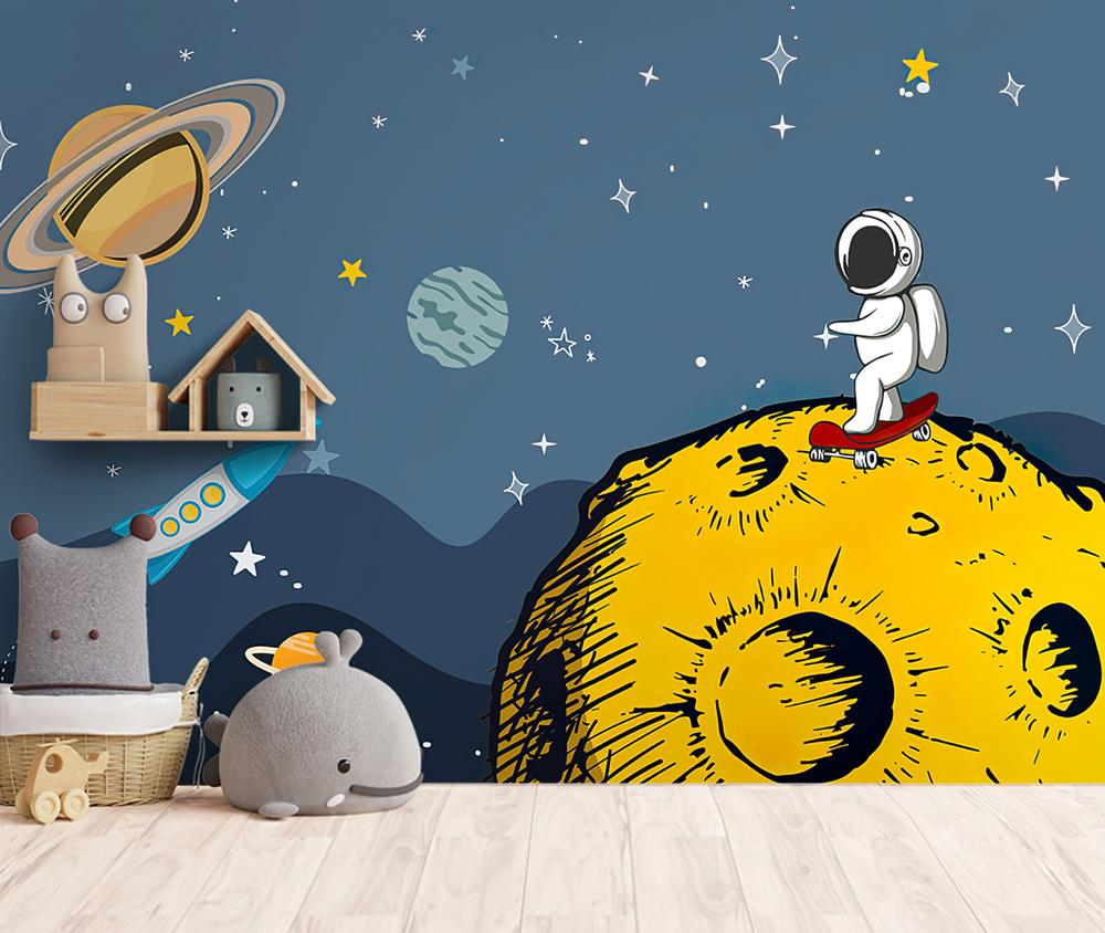 Fototapeta astronauta skateboard żółta planeta gwiazdy