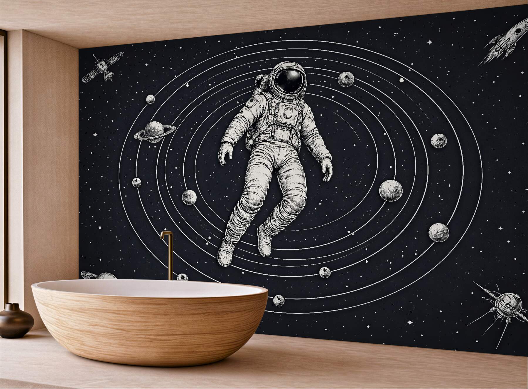 Fototapeta astronauta wśród planet retro
