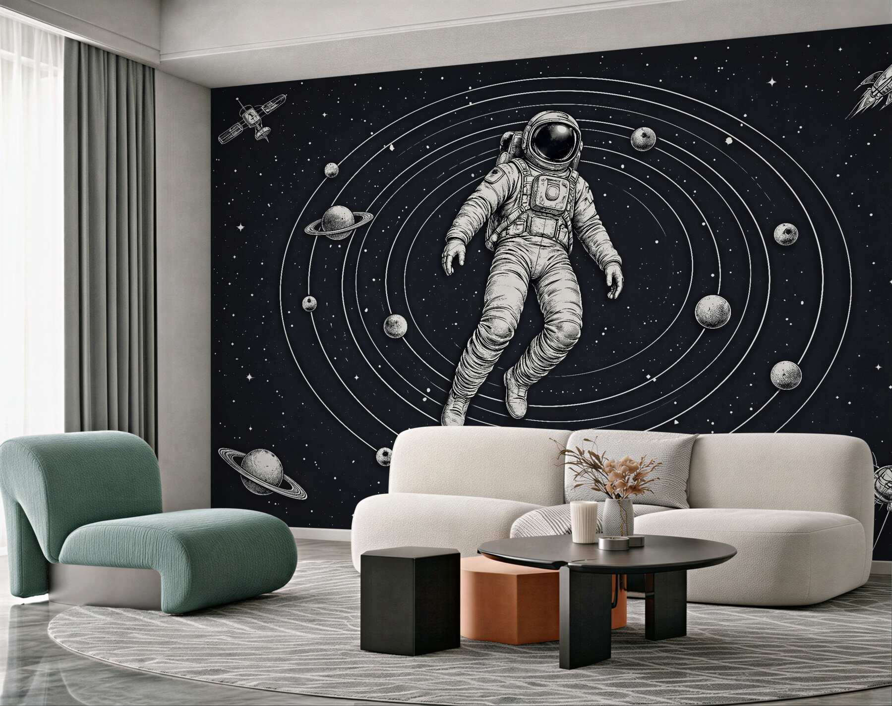 Fototapeta astronauta wśród planet retro