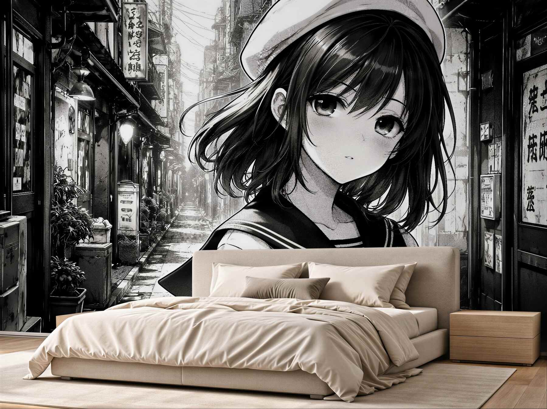 Fototapeta manga dziewczyna w miejskiej uliczce
