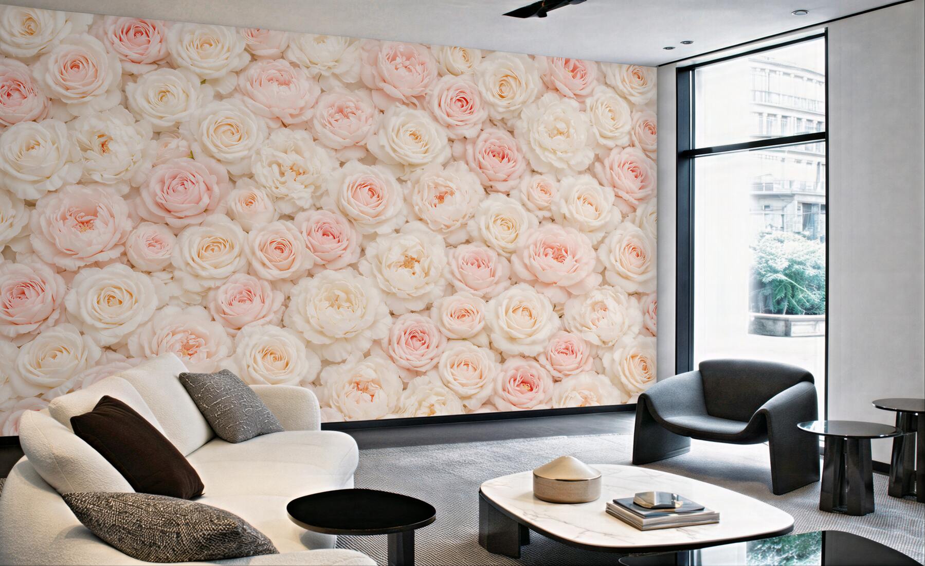 Fototapeta pudrowe róże i kremowe peonie