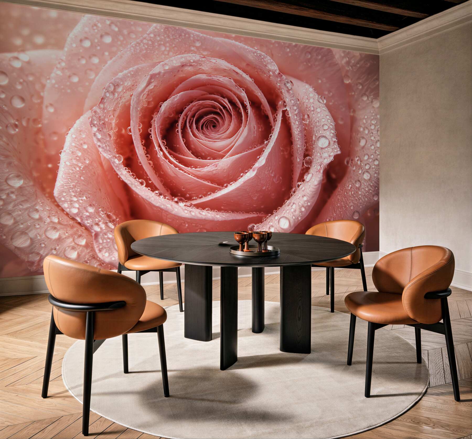 Fototapeta pudrowa róża w kroplach rosy