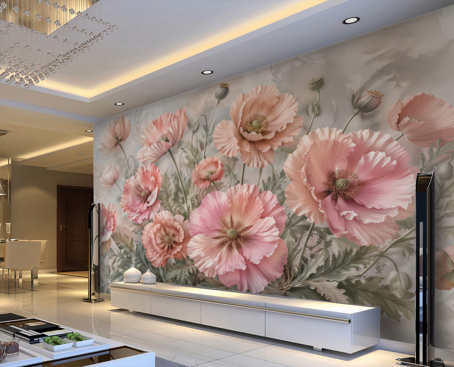 Fototapeta pudrowe maki w artystycznym rozkwicie