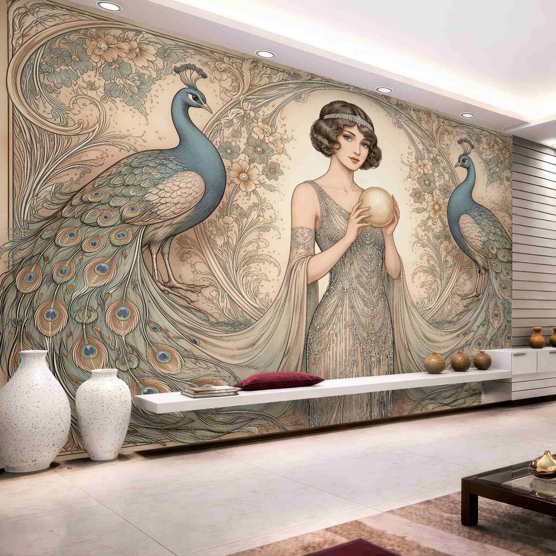 Fototapeta pawie i dama art déco