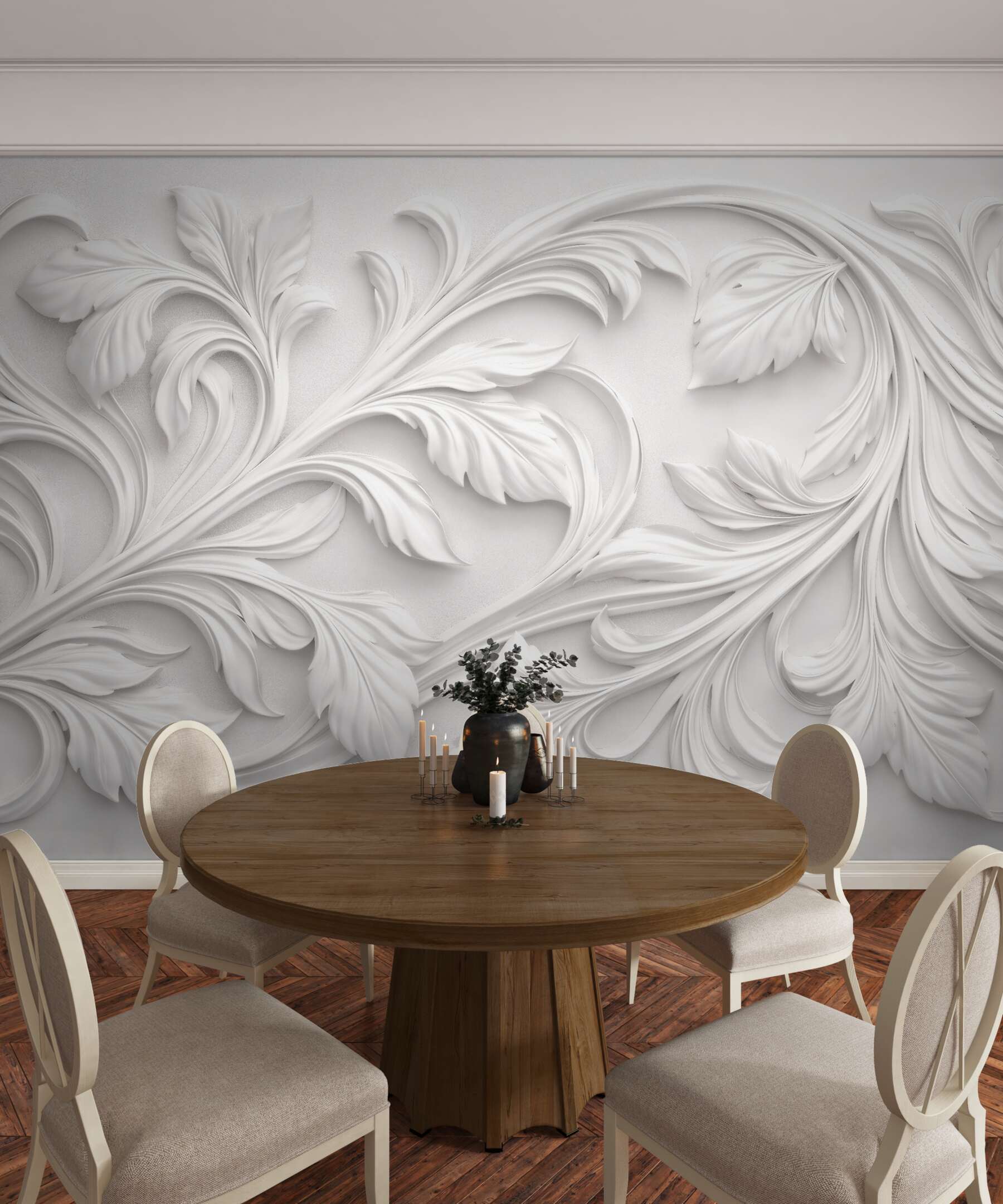 Fototapeta białe ornamenty liściaste 3d