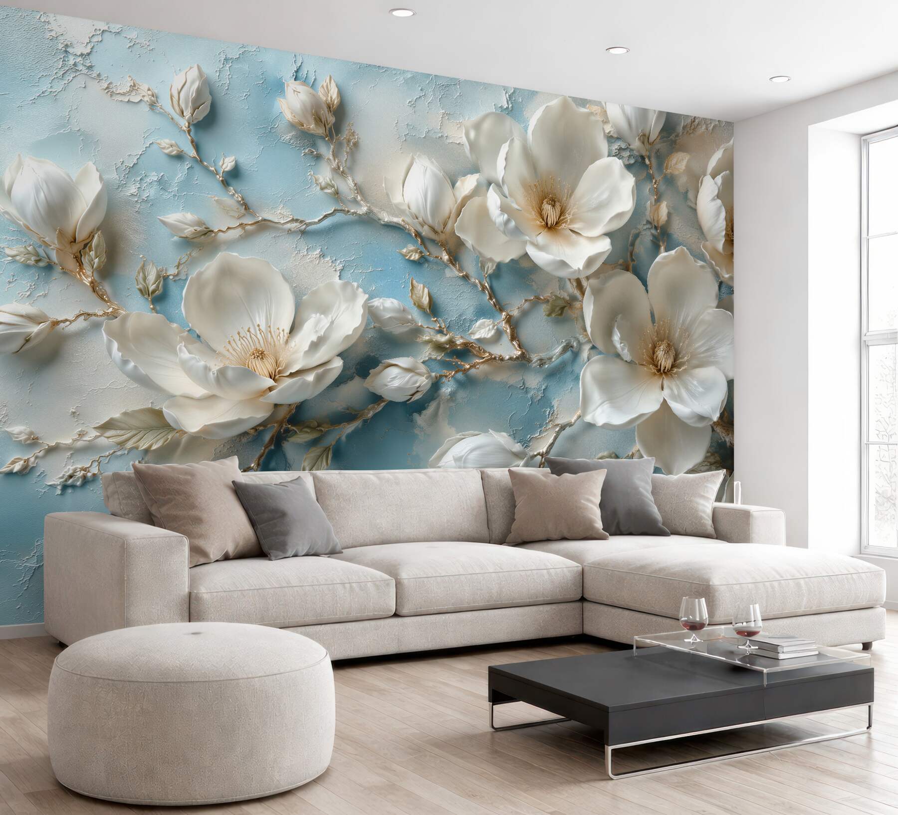 Fototapeta magnolie 3d na błękitnym tle