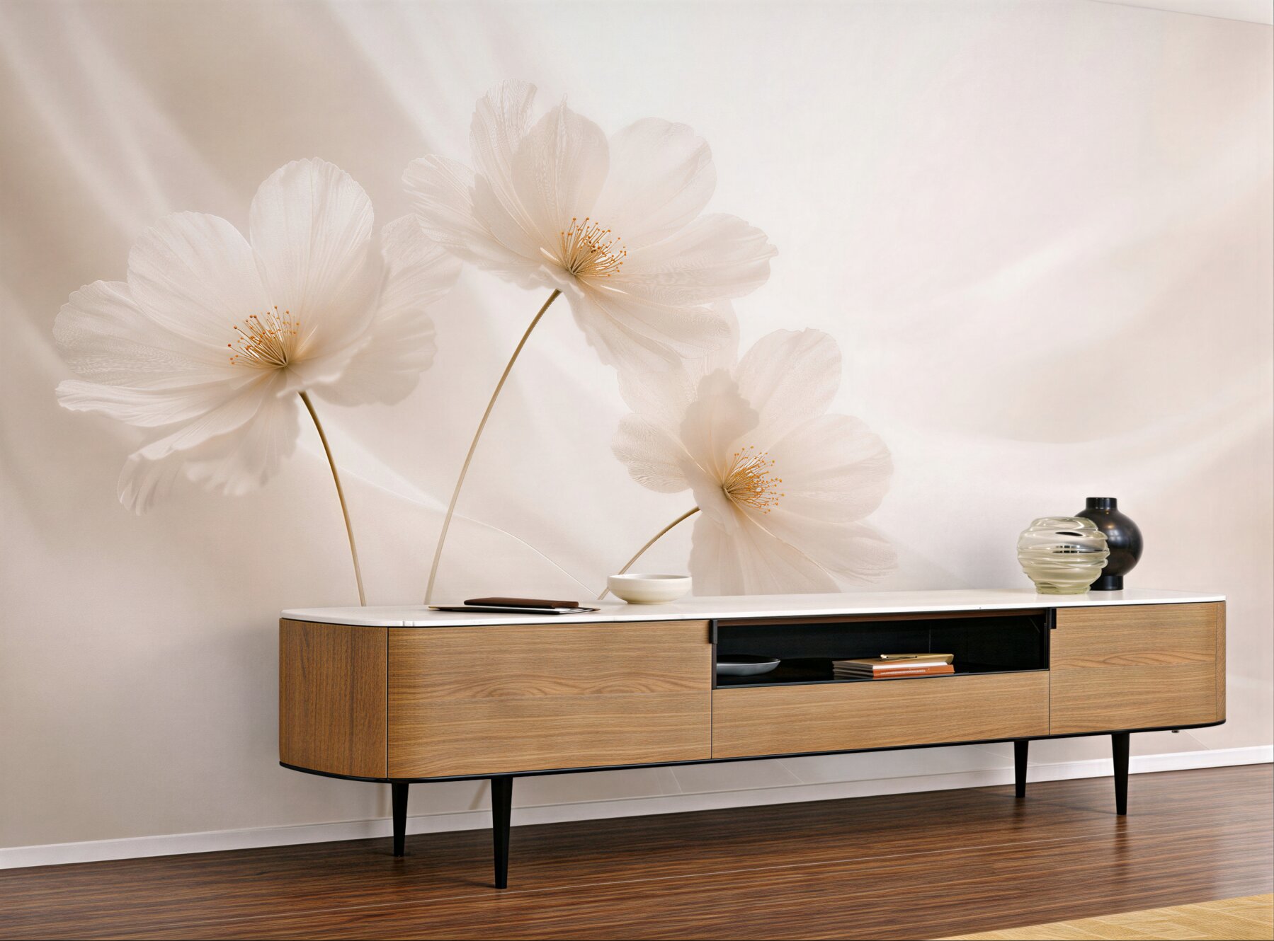 Fototapeta delikatne białe kwiaty na jedwabiu
