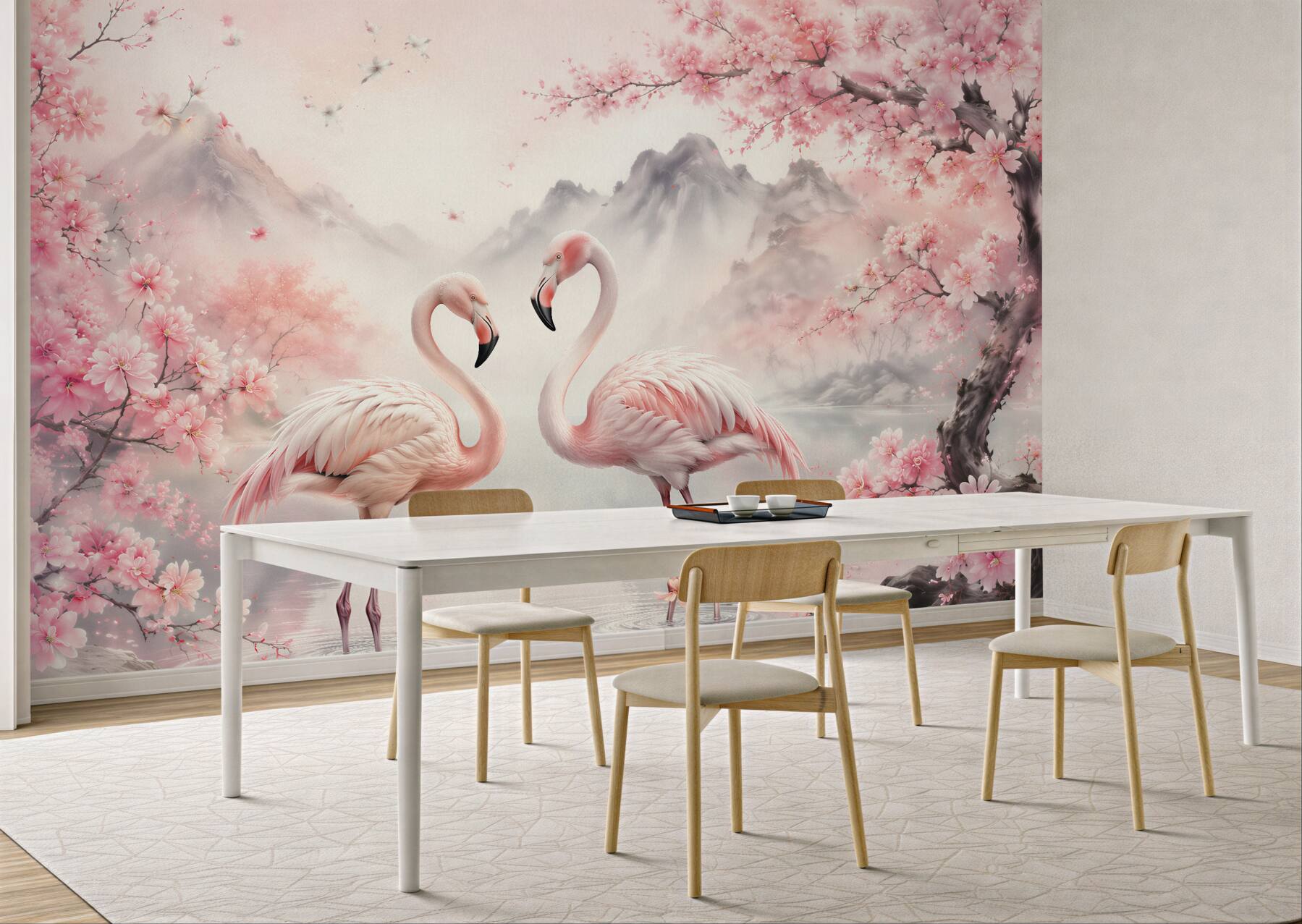 Fototapeta flamingi w kwitnącej idylli