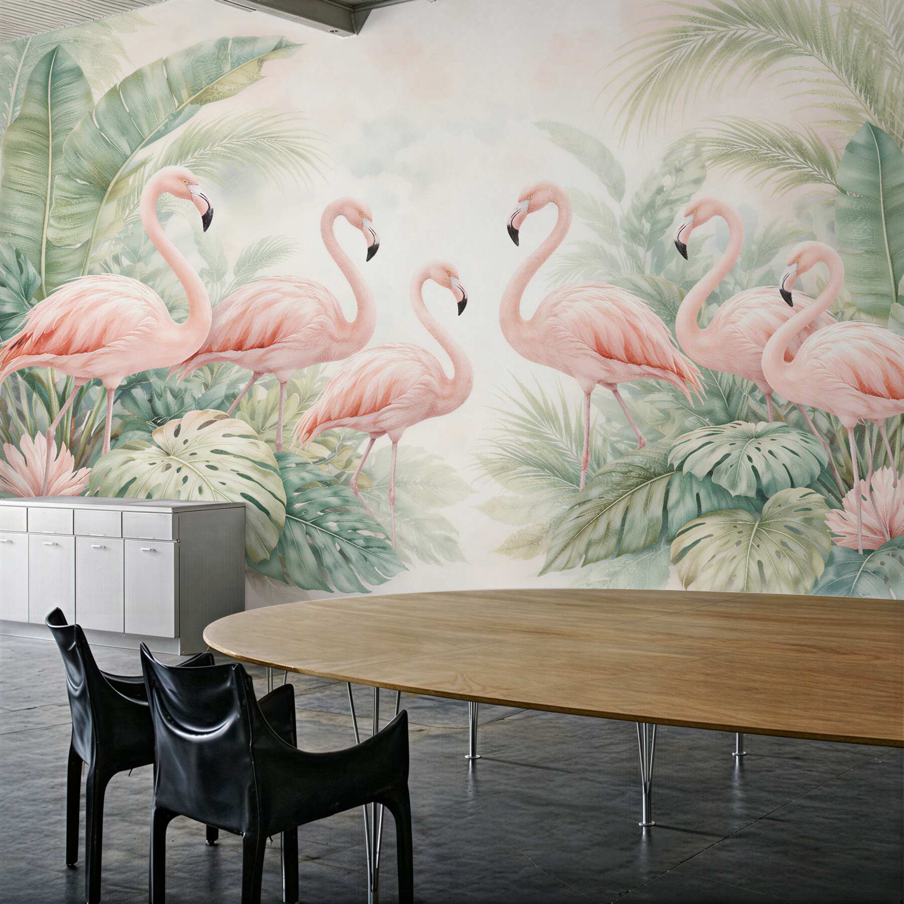 Fototapeta flamingi w tropikalnych liściach