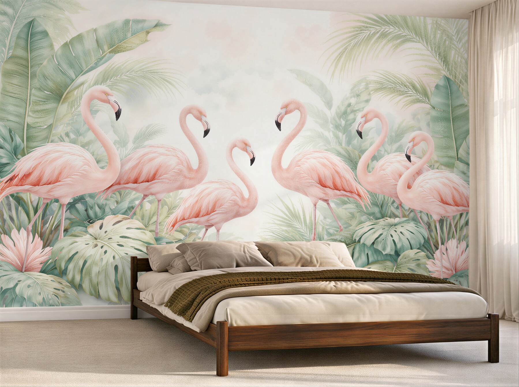 Fototapeta flamingi w tropikalnych liściach