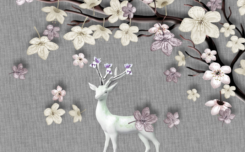 Fototapeta biały jeleń i kwitnące gałęzie magnolii