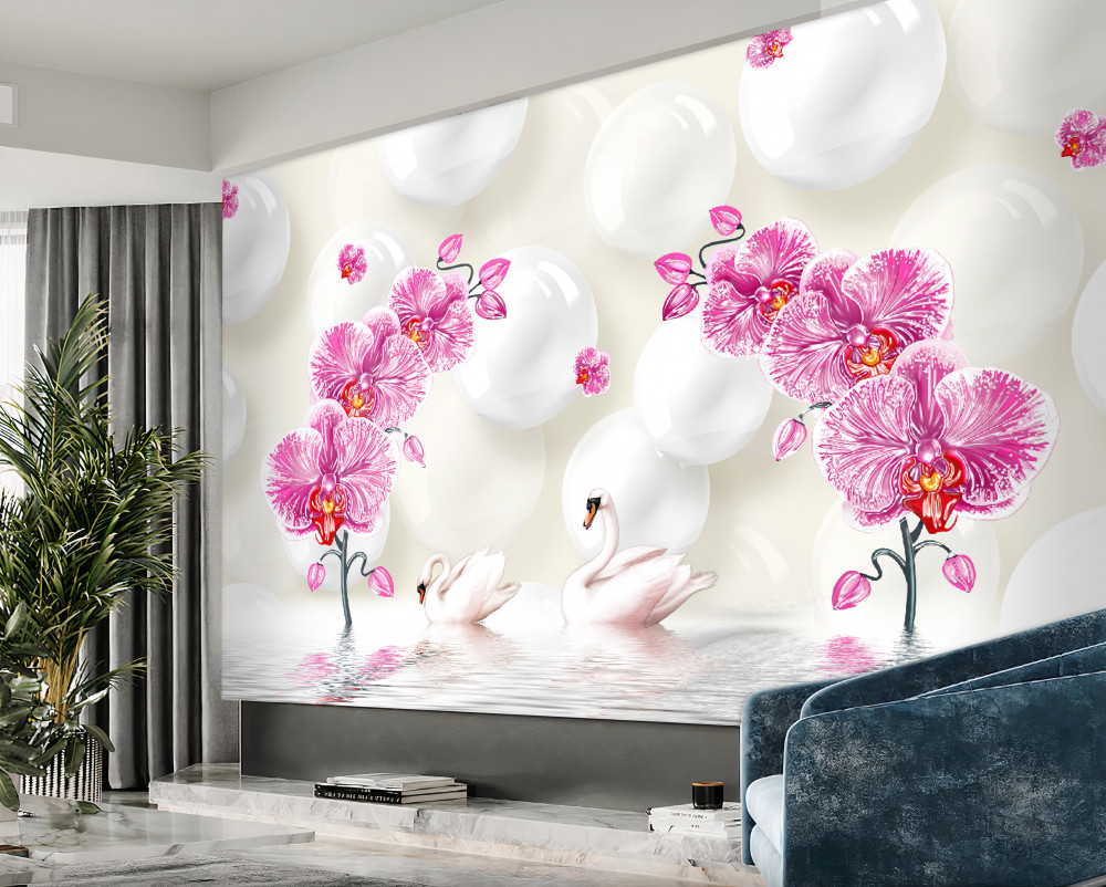 Fototapeta liliowa magnolia i łabędzie na jeziorze