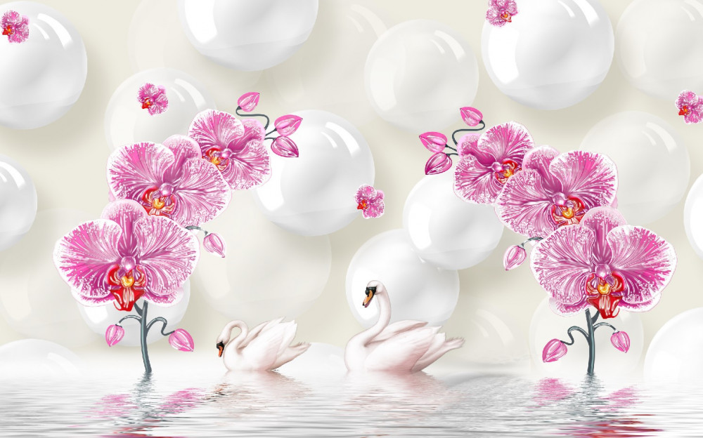 Fototapeta liliowa magnolia i łabędzie na jeziorze