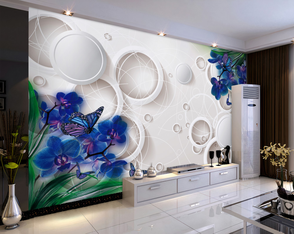 Fototapeta niebieskie gałązki orchidei na geometrycznym tle