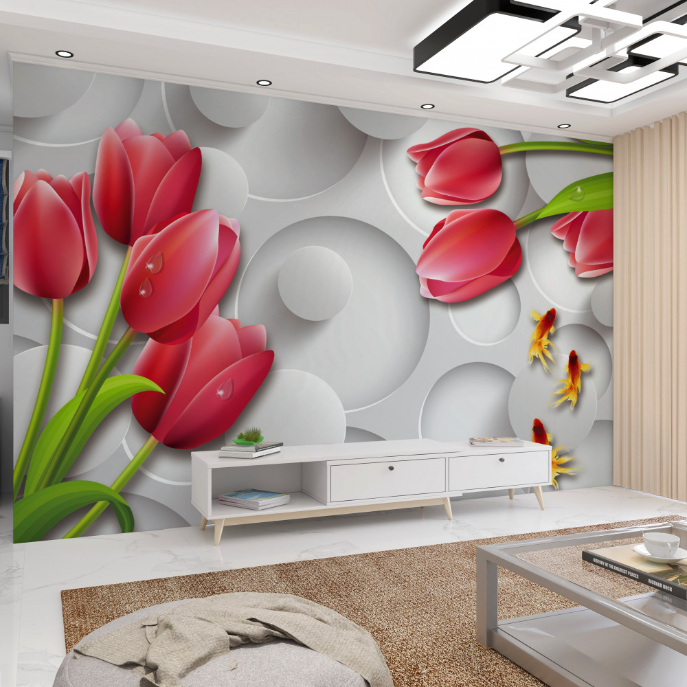 Fototapeta bukiety czerwonych tulipanów i motyli
