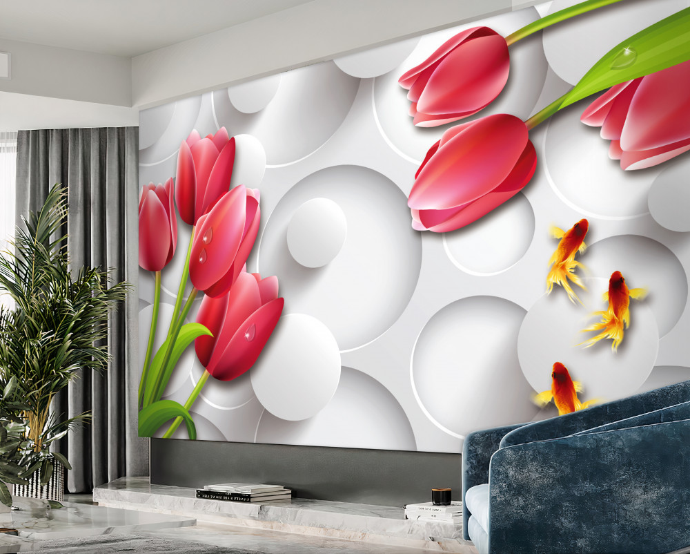 Fototapeta bukiety czerwonych tulipanów i motyli