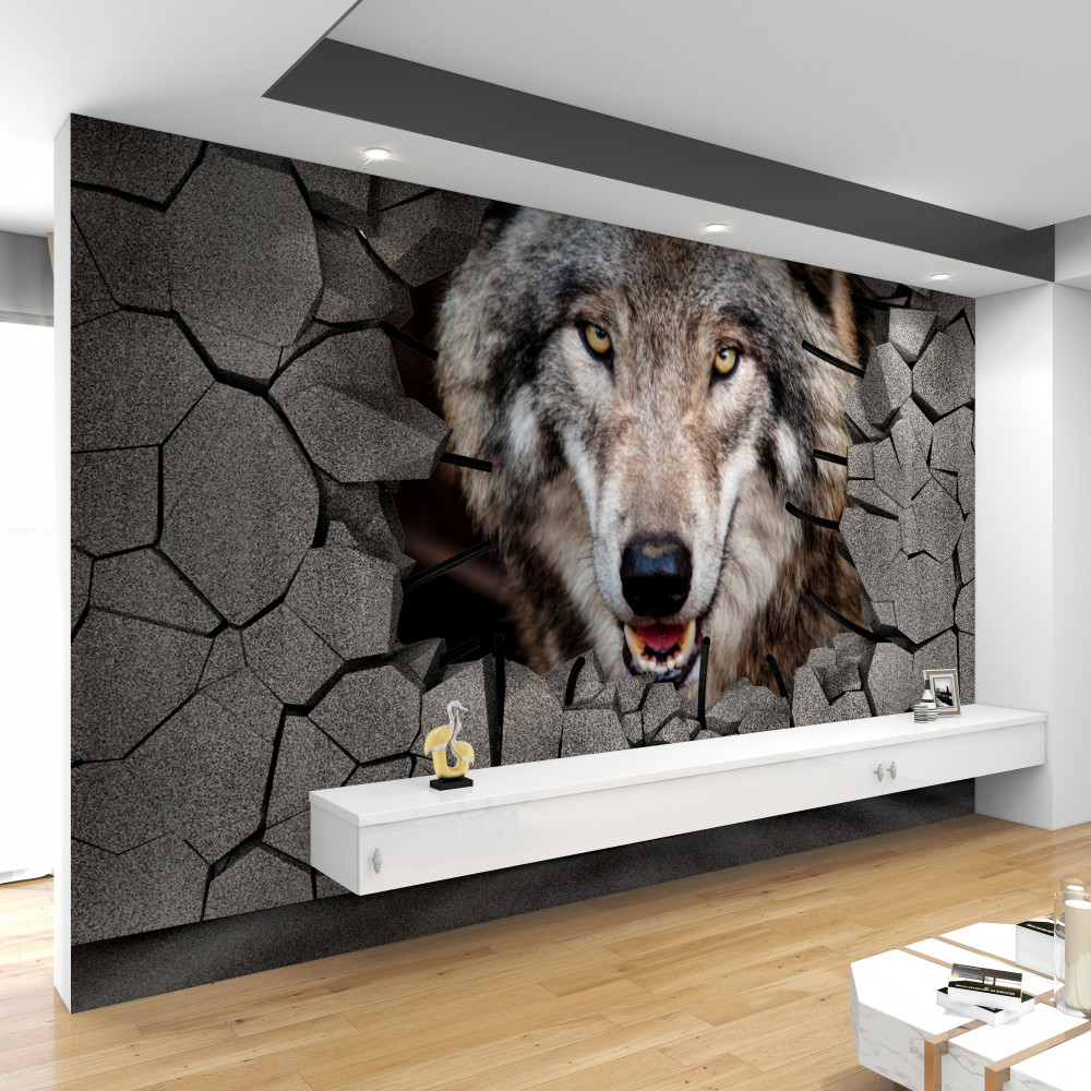 Fototapeta drewniany wilk rozbija ścianę