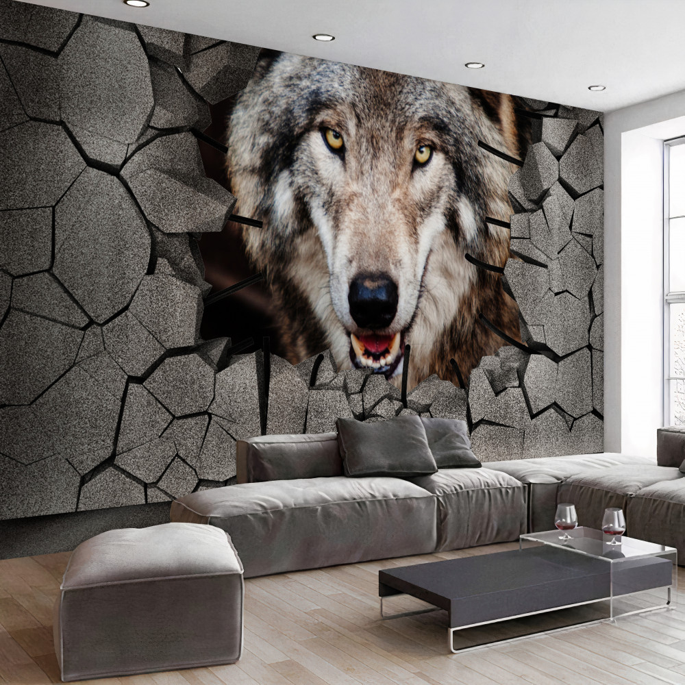 Fototapeta drewniany wilk rozbija ścianę