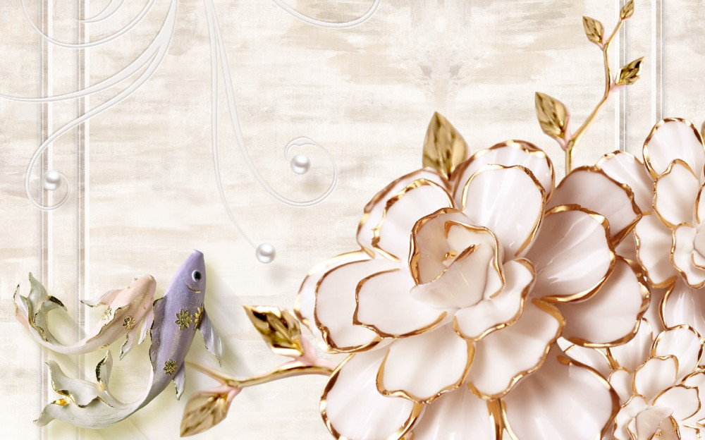 Fototapeta porcelanowe kwiaty i motyle