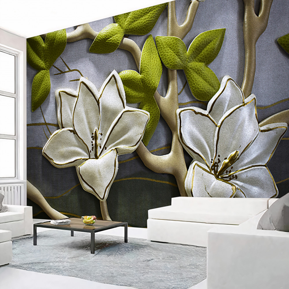 Fototapeta porcelanowe kwiaty magnolii na zielonych gałęziach