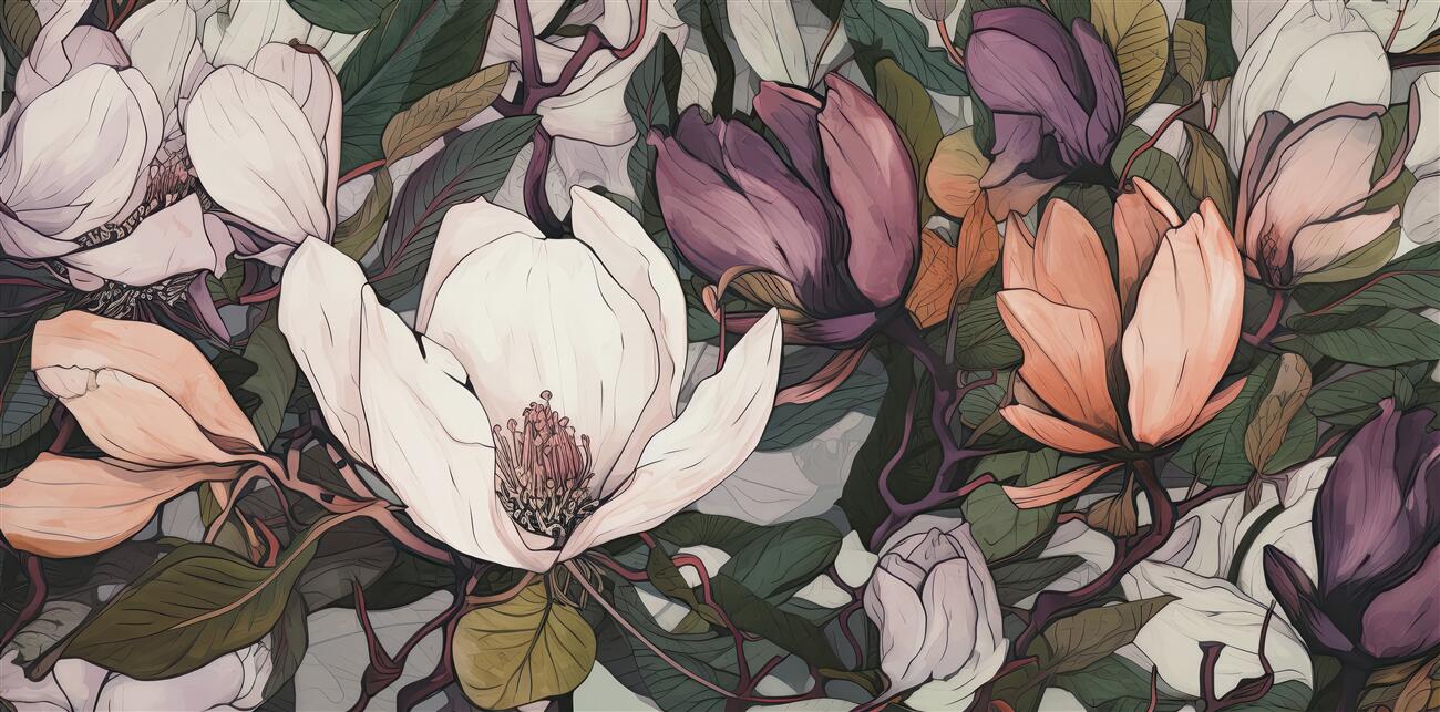 Fototapeta Wielokolowane magnoliie na drewnie
