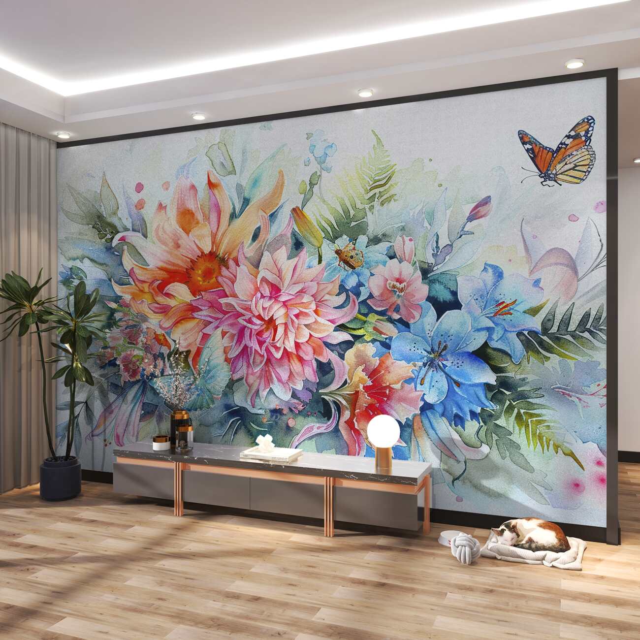 Fototapeta Jasne kwiaty i motyl