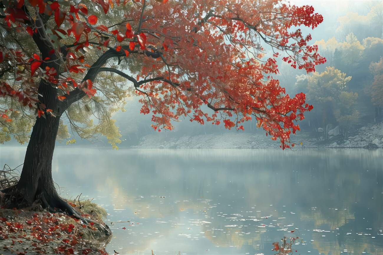 Fototapeta Czerwona Sakura z cichą wodą