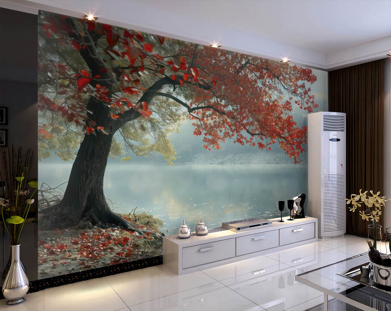 Fototapeta Czerwona Sakura z cichą wodą