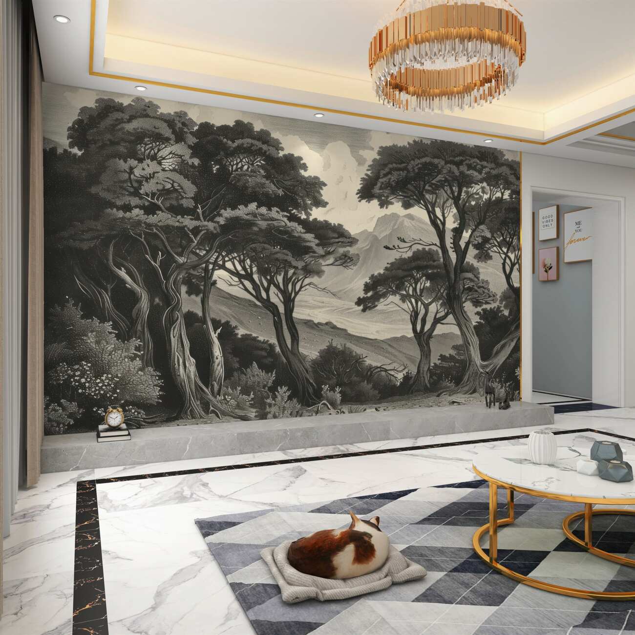 Fototapeta Wysokie drzewa przed górą
