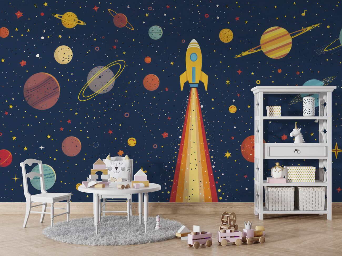 Fototapeta Rakieta otoczona różnymi planetami