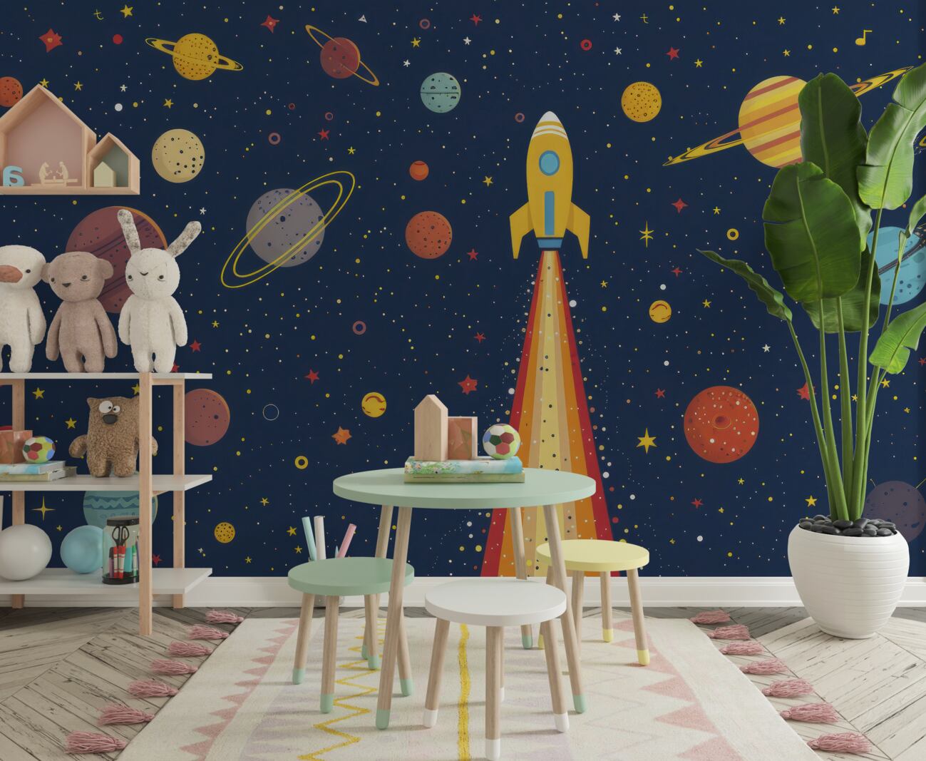 Fototapeta Rakieta otoczona różnymi planetami