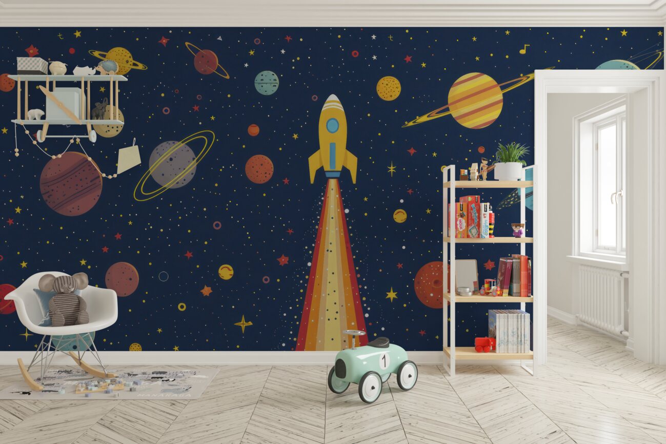 Fototapeta Rakieta otoczona różnymi planetami