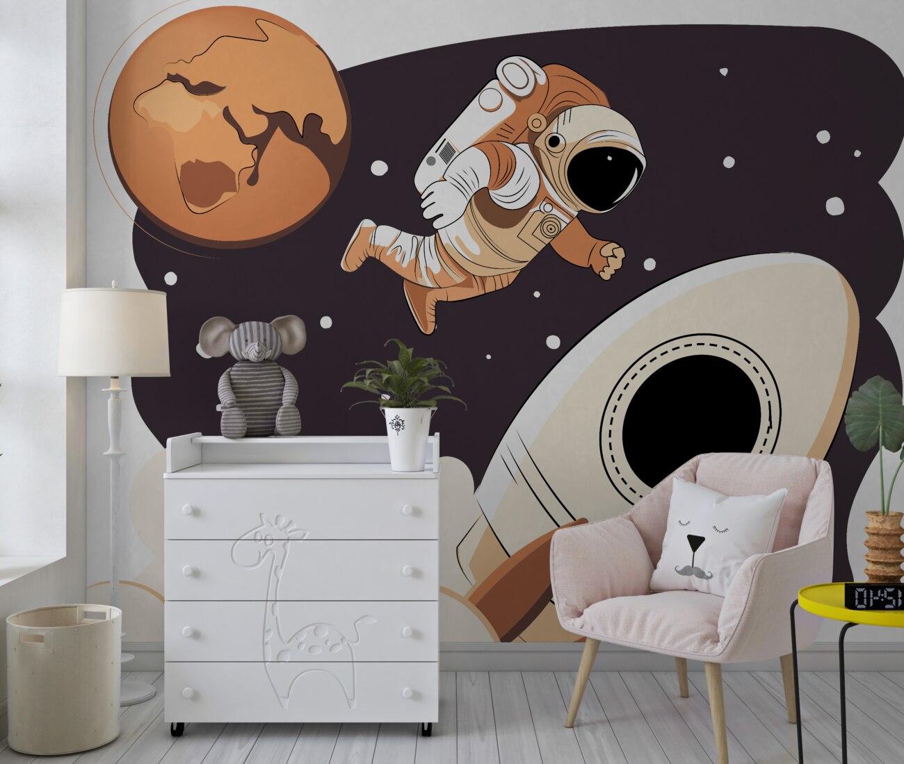 Fototapeta Astronauta między rakietą a planetą