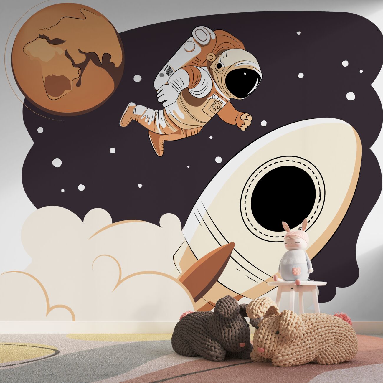Fototapeta Astronauta między rakietą a planetą