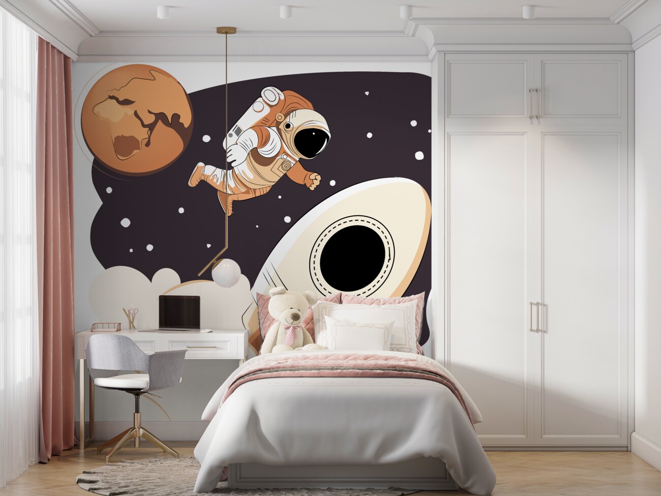 Fototapeta Astronauta między rakietą a planetą