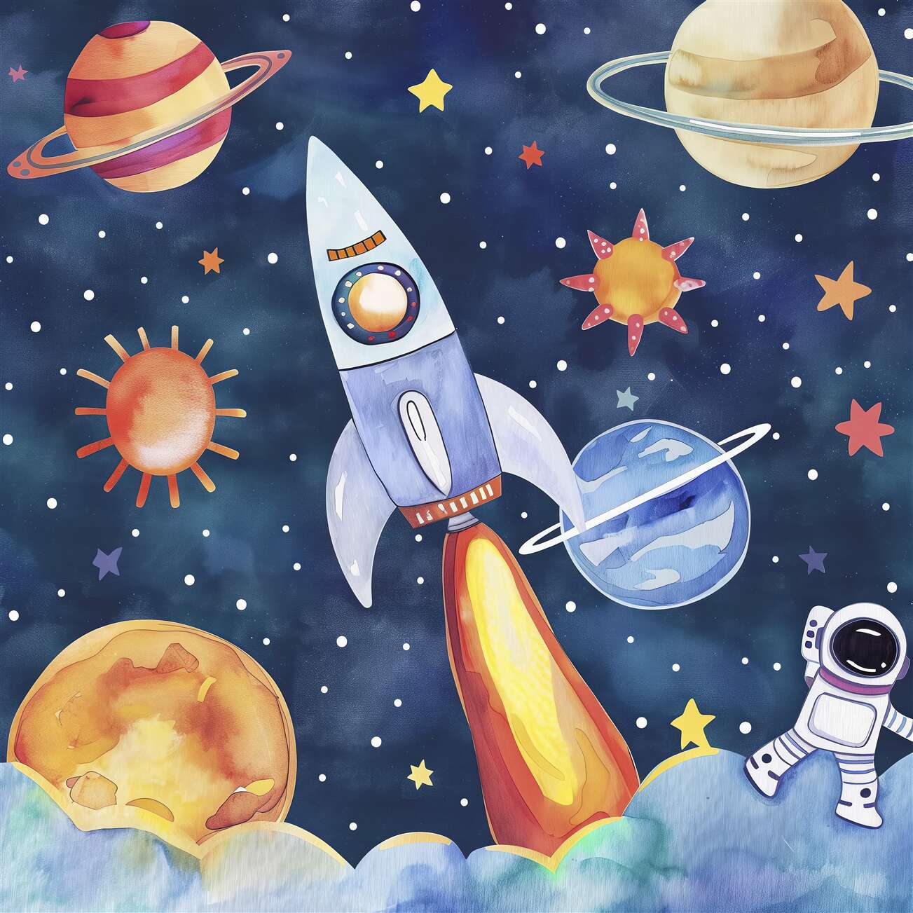 Fototapeta Astronauta, rakieta, planety i gwiazdy