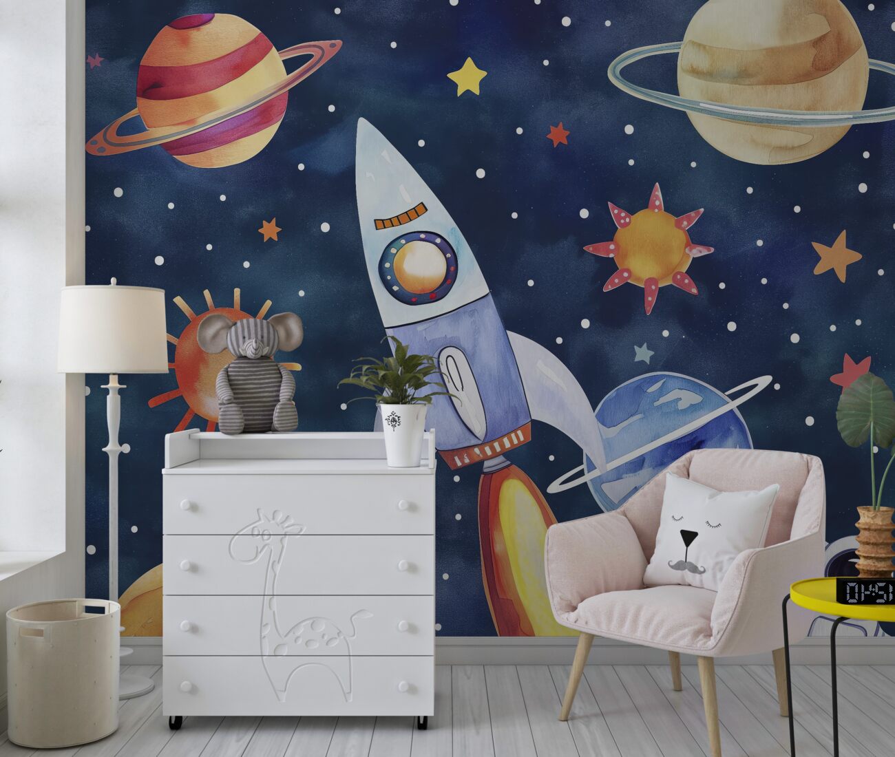 Fototapeta Astronauta, rakieta, planety i gwiazdy