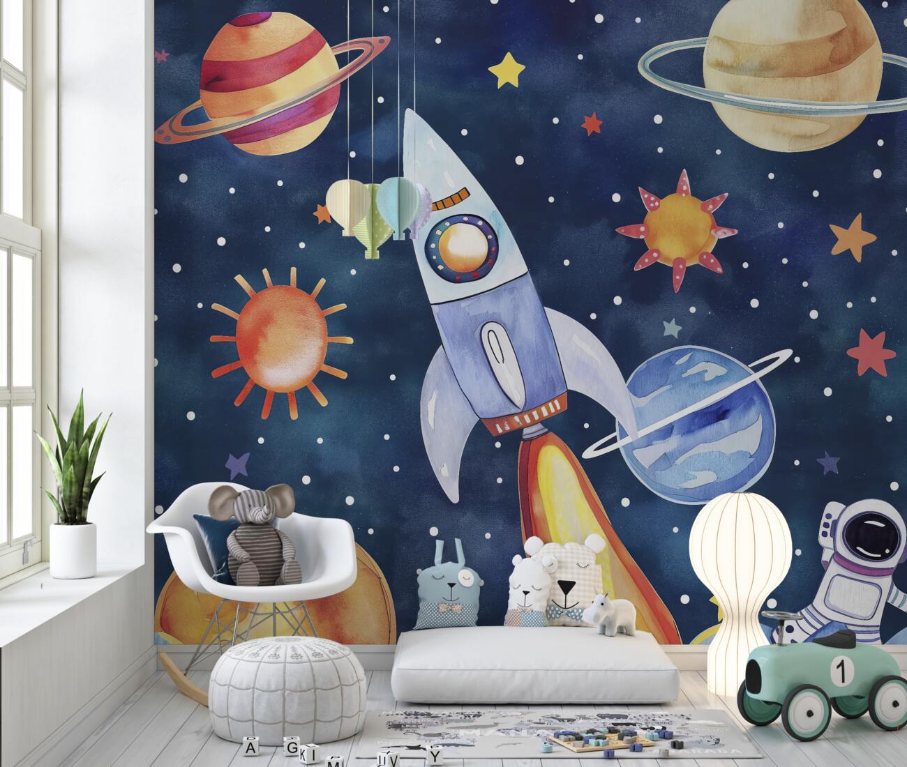 Fototapeta Astronauta, rakieta, planety i gwiazdy