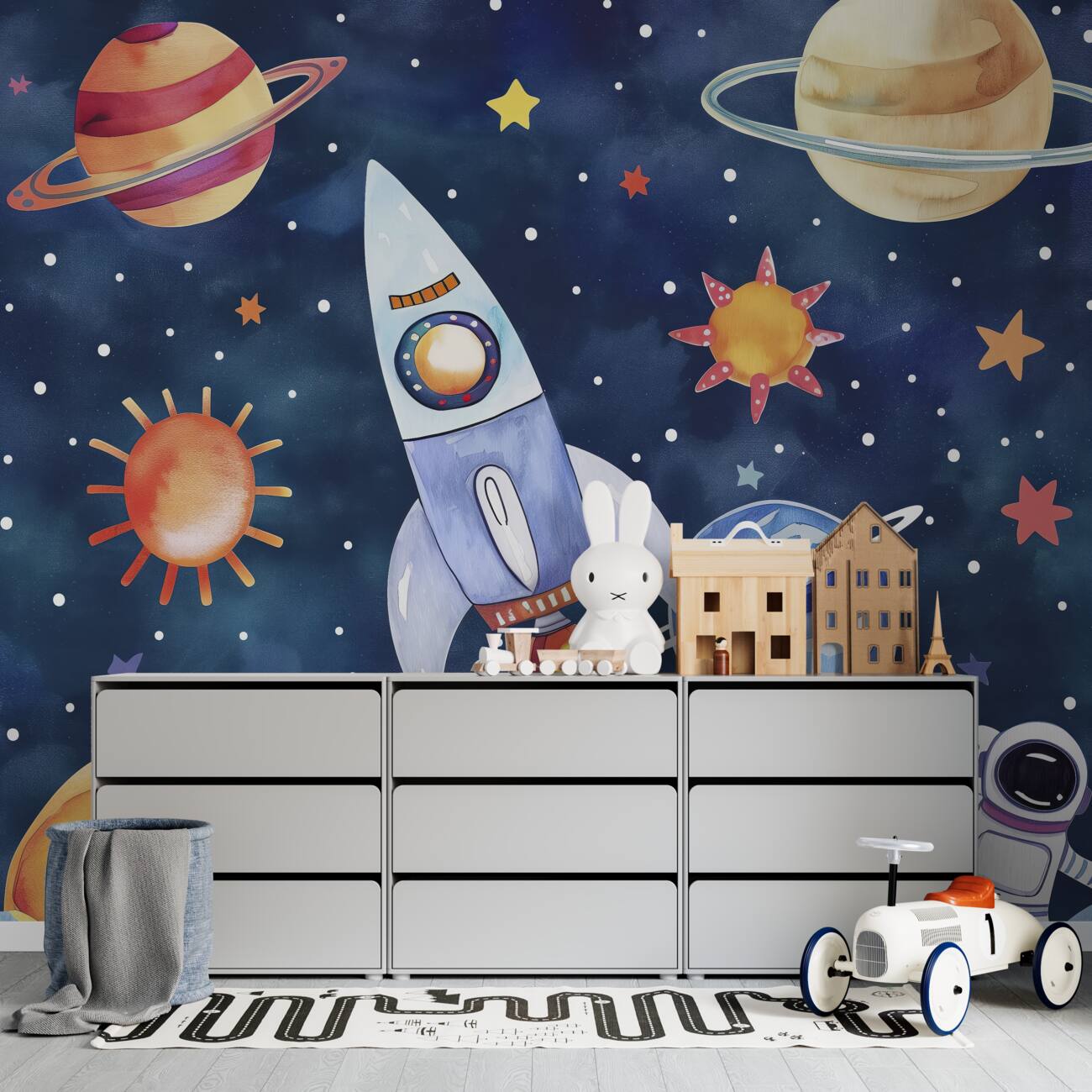 Fototapeta Astronauta, rakieta, planety i gwiazdy