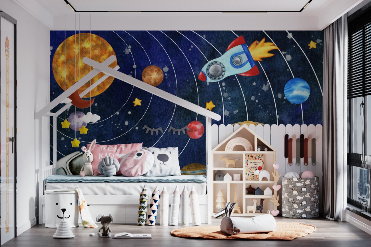 Fototapeta Astronauta patrzy na latającą rakietę