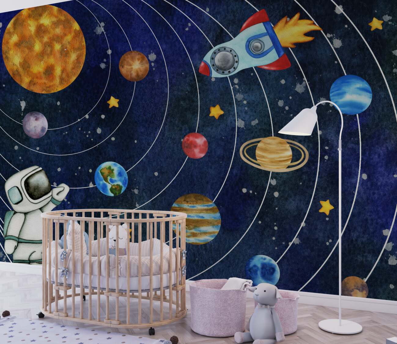 Fototapeta Astronauta patrzy na latającą rakietę