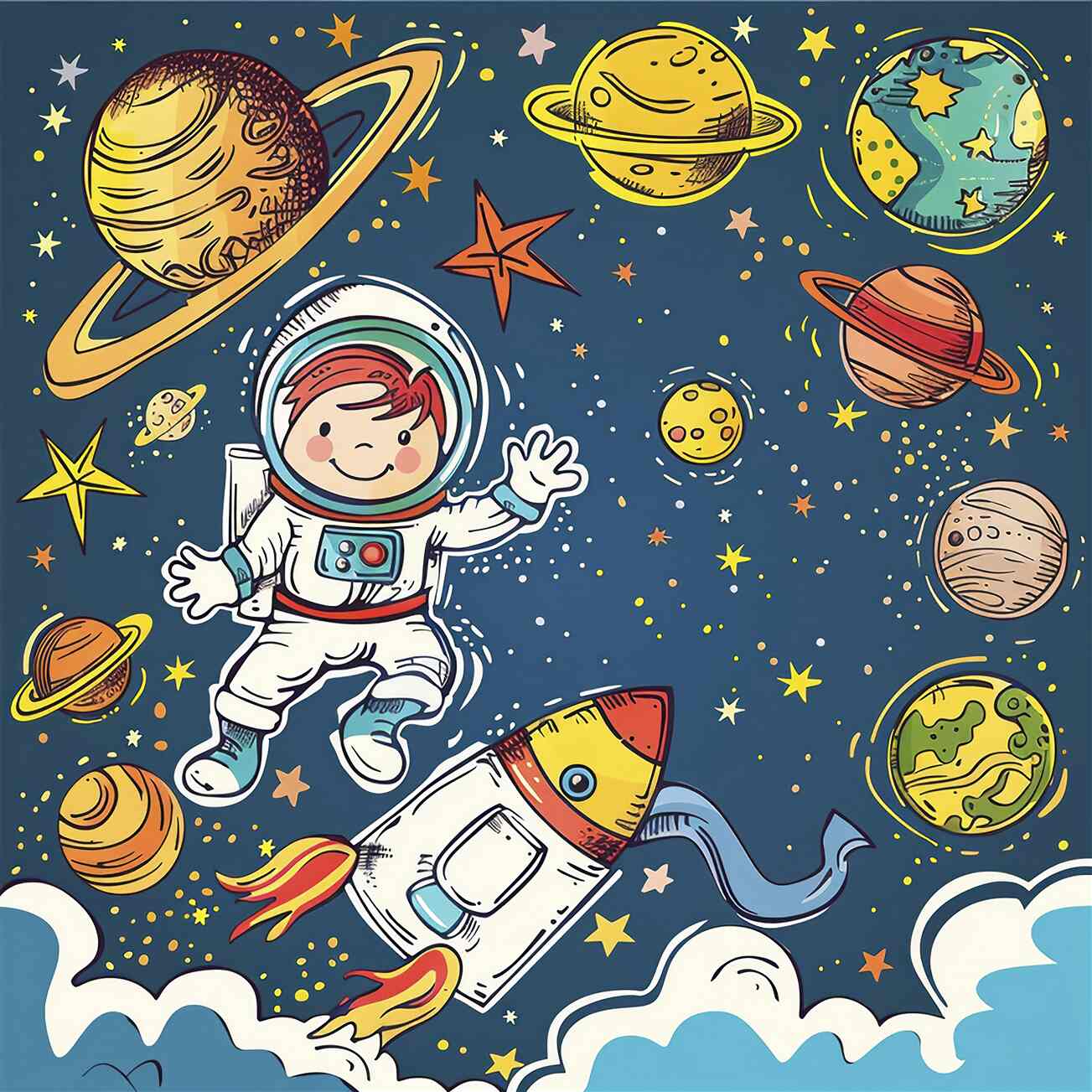Fototapeta Chłopiec z astronautą, rakietą i planetą